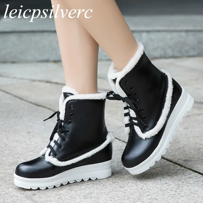 

Women Boots Autumn Winter High Heel Warm Fur Pu Platform Lace Up Mid-calf Motorcycle Shoe 2018 New Sexy Fashion Black White Pink