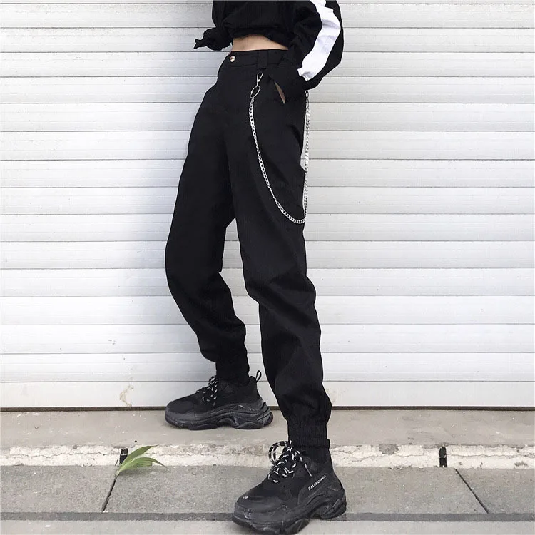 

New streetwear korea fashion Women's clothing harajuku ulzzang hip hop personality cool Chain loose high waist black cargo pants