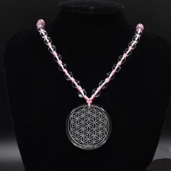 

natural stone quartz white crystal pendant pendulum flower of life pendants pink rope chakra pendule Ms necklace