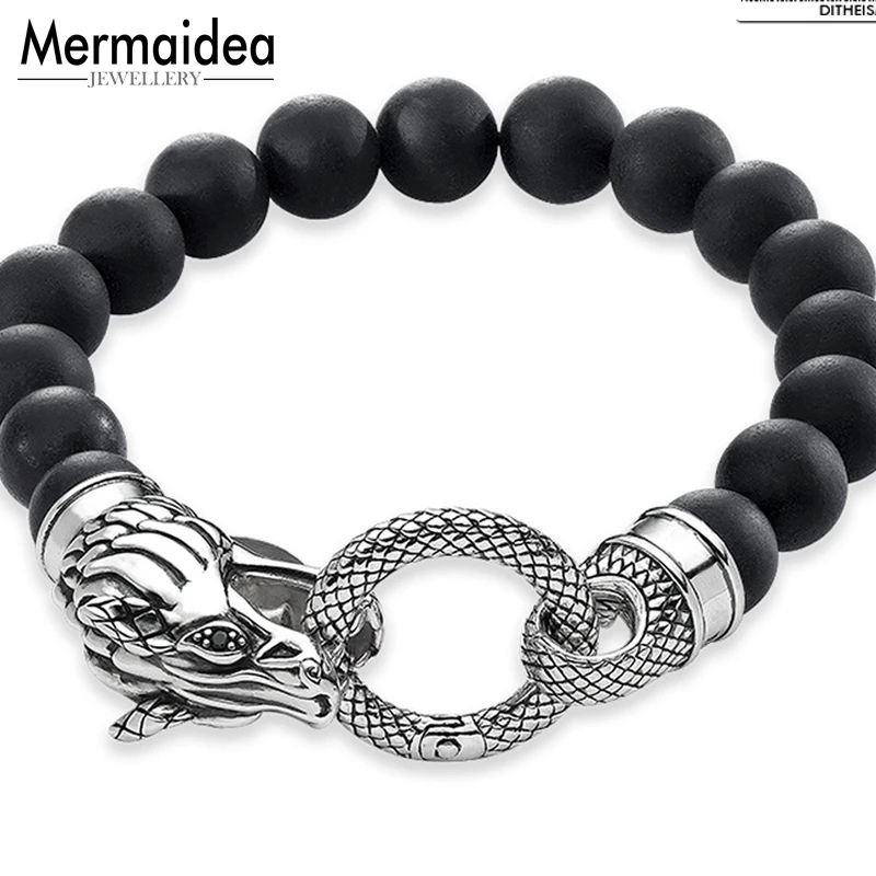 

Strand Bracelets Dragon with Black Obsidian Beads 2019 New Blackened Silver Fashion Jewelry Punk Gift for Men Boy Women Girls