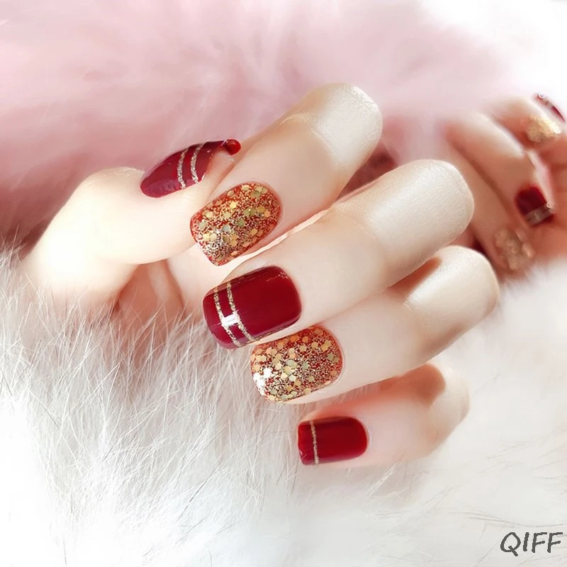 24 шт блестящие красные накладные ногти Блестящий Свадебный короткий дизайн накладные ногти