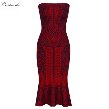 

Ocstrade Bandage Clothing Fashion 2019 New Wine Red Jacquard Bandage Mermaid Dress Women Sexy Party Strapless Vestido Bandage HL