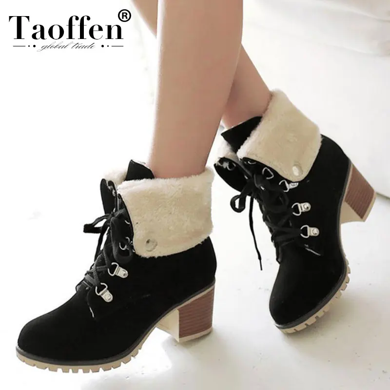 

Taoffen 2019 New Women Ankle Boots Warm Plush Fur Shoes Women High Heels Short Boots Fashion Lace Up Boots Footwear Size 34-43