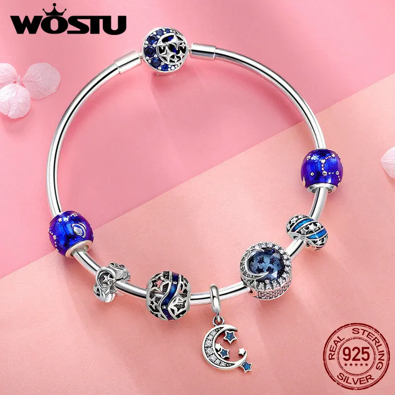 

WOSTU Hot Sale 925 Sterling Silver Moon & Stars Blue Sky Charm Bracelet For Women Original Beads Jewelry Lover Gift BKB801