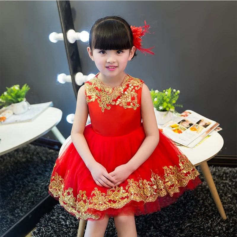 

2017New Chinese Fashion Popular Embroideried Flowers Children Girls Red Color Princess Dress Kids Summer Birthday Wedding Dress