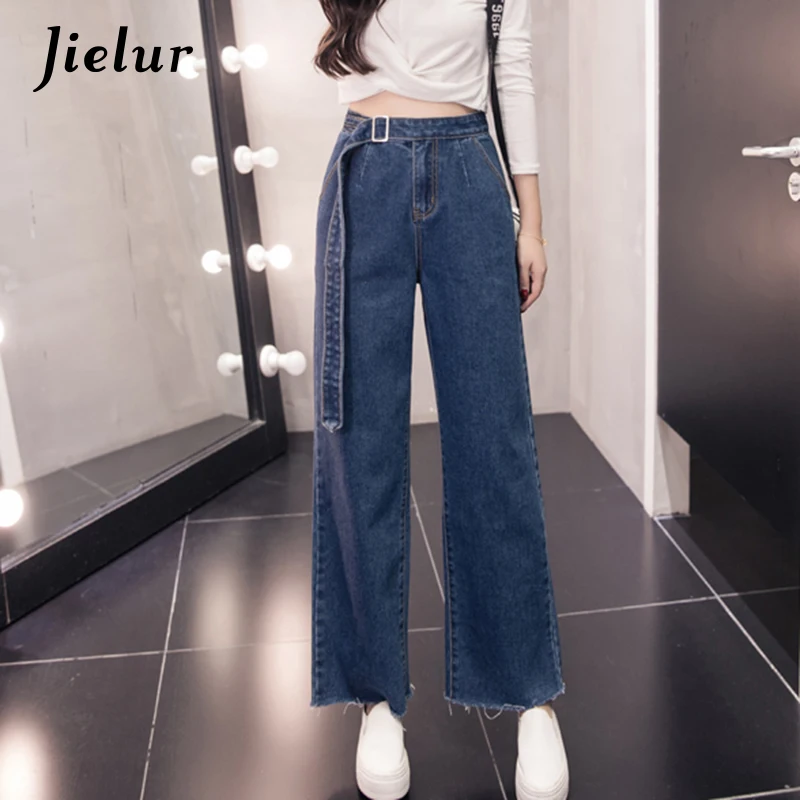 Jielur 2019 Autumn New Fashion Flare Pants Female Large Size S-5XL Sashes Blue Jeans for Women Slim Casual Loose Women's Jeans