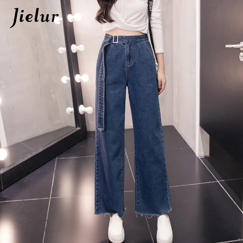 

Jielur 2019 Autumn New Fashion Flare Pants Female Large Size S-5XL Sashes Blue Jeans for Women Slim Casual Loose Women's Jeans