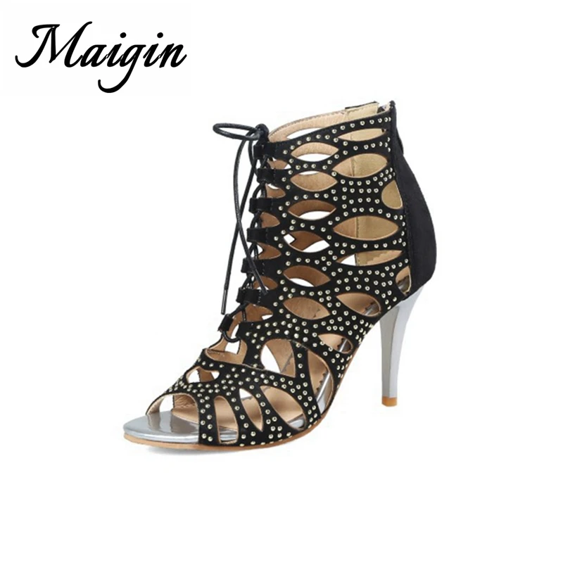 Maigin High Heels Summer Sandals 2018 Crystal Lace-up Footwear Woman Hollow Out Ladies Gladiator Sandals Women