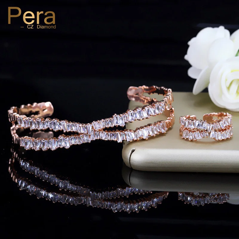 

Pera Fashion 2 Piece Adjustable Size Party Jewelry Gift AAA Cubic Zirconia Rectangle Baguette Bangle And Ring Set For Women Z016