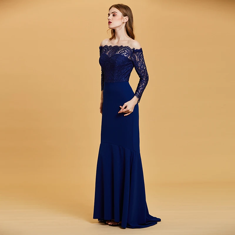Tanpell вечернее с вырезом «Лодочка» платье темно-синее длинное, кружевное до пола платье женское свадебное платье Русалка строгое длинное вечернее платье