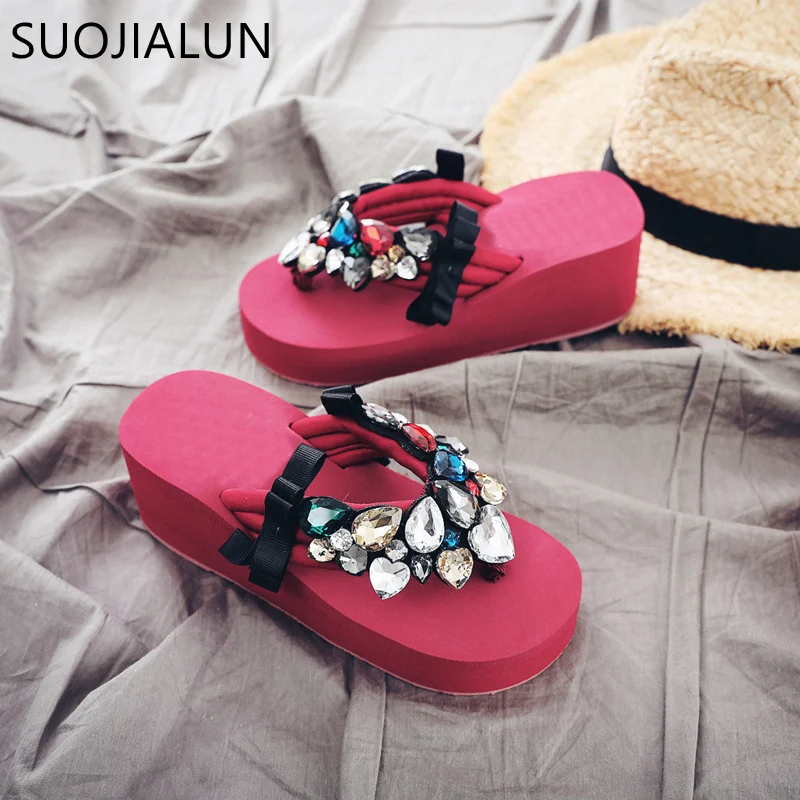 SUOJIALUN/ г. Летняя женская обувь со стразами, пляжные шлепанцы на платформе, женские домашние тапочки, сандалии
