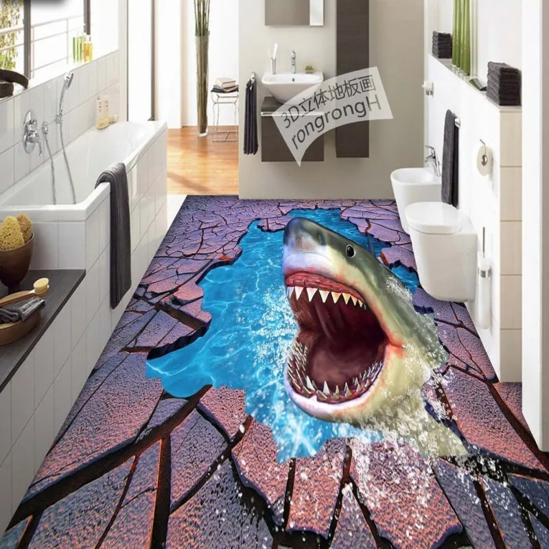 

Free Shipping Sea World Shark Crack 3D floor painting thickened self-adhesive living room bathroom bedroom flooring mural