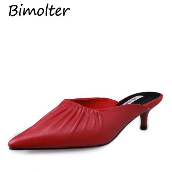 

Bimolter Summer Cow Leather Conside Brand Thin High Heels Fashion Mules Pointed Toe Women Slippers Pumps Pleated Design FC131