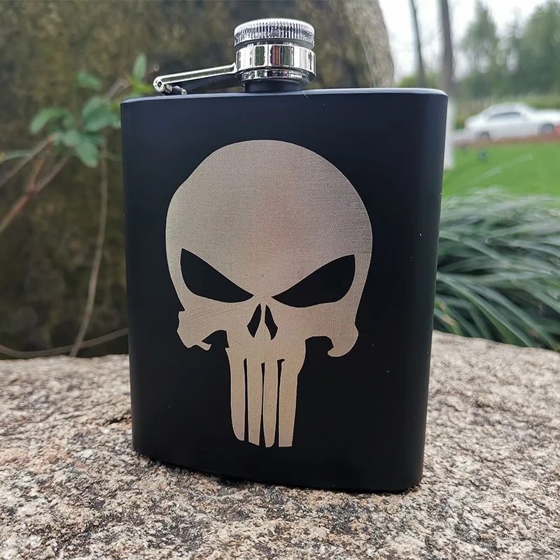 

6oz/8oz Black Hip Flask "Punisher " Skull Powder Coated stainless steel Laser Engraved gift outdoor Tactical gear