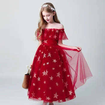 

Flower Girl Star Printing Dress For Wedding Ball Gown Cap Sleeves Shoulderless First Communion Dresses Formal Party Gowns D59