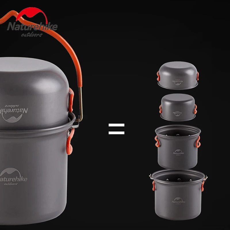  Naturehike Outdoor 2-3 Persons 4 in 1 Pot Bowl Sets with Hanging Handle Camping Cookware Portable P