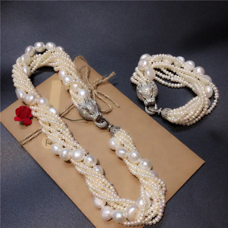 

Leopard head clasp accessory white freshwater pearl necklace bracelet set fashion jewelry