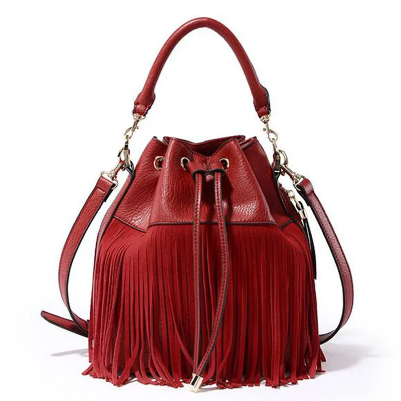 2016 women Small bucket tote bag tassels genuine leather bag women messenger bags famous brand designer