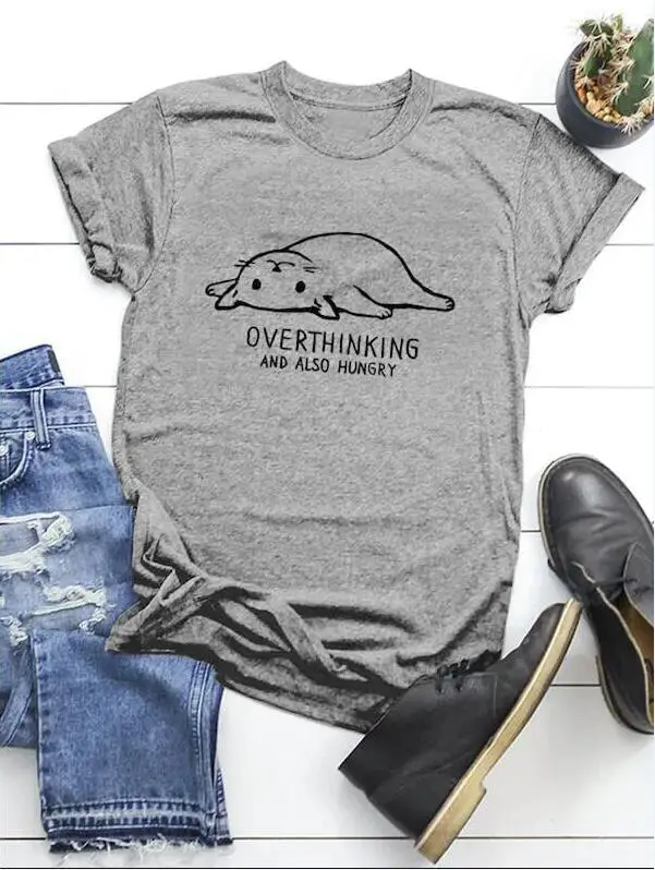 Летняя футболка с надписью «Not Today» и надписью «Not Today», «Grunge», винтажные топы с надписью «Cat», хлопковая Футболка для девочек, футболки с принтом «love Cat» - Цвет: Overthinking - gray