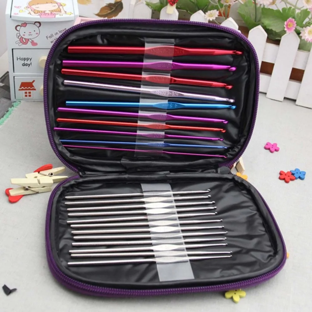 

22 Pcs/Set Ergonomic Multi Colour Stainless Steel Crochet Hooks Yarn Knitting Needles 2-8mm Sewing Tools with Case Dropshipping