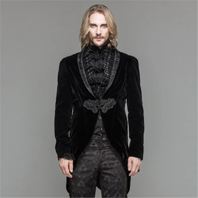 

Steampunk Men's Detachable Neckline Velvet Jacket Lace Swallowtail Fashion Retro Design Casual Slim Men's Coat Black Red