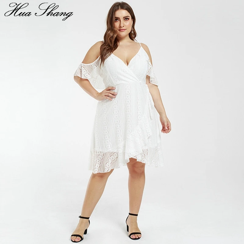 

Plus Size White Lace Dress Women Summer V Neck Ruffles Short Sleeve Off Shoulder Dress Plus Size Tunic Ruffles Midi Dresses