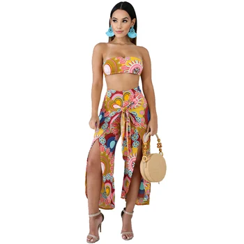 

Two Piece Sets Casual Bohemian Tank Crop Top and High Slit Long Wide Leg Pants 2020 Floral Printed Lace Up Bandage Suits Outfits