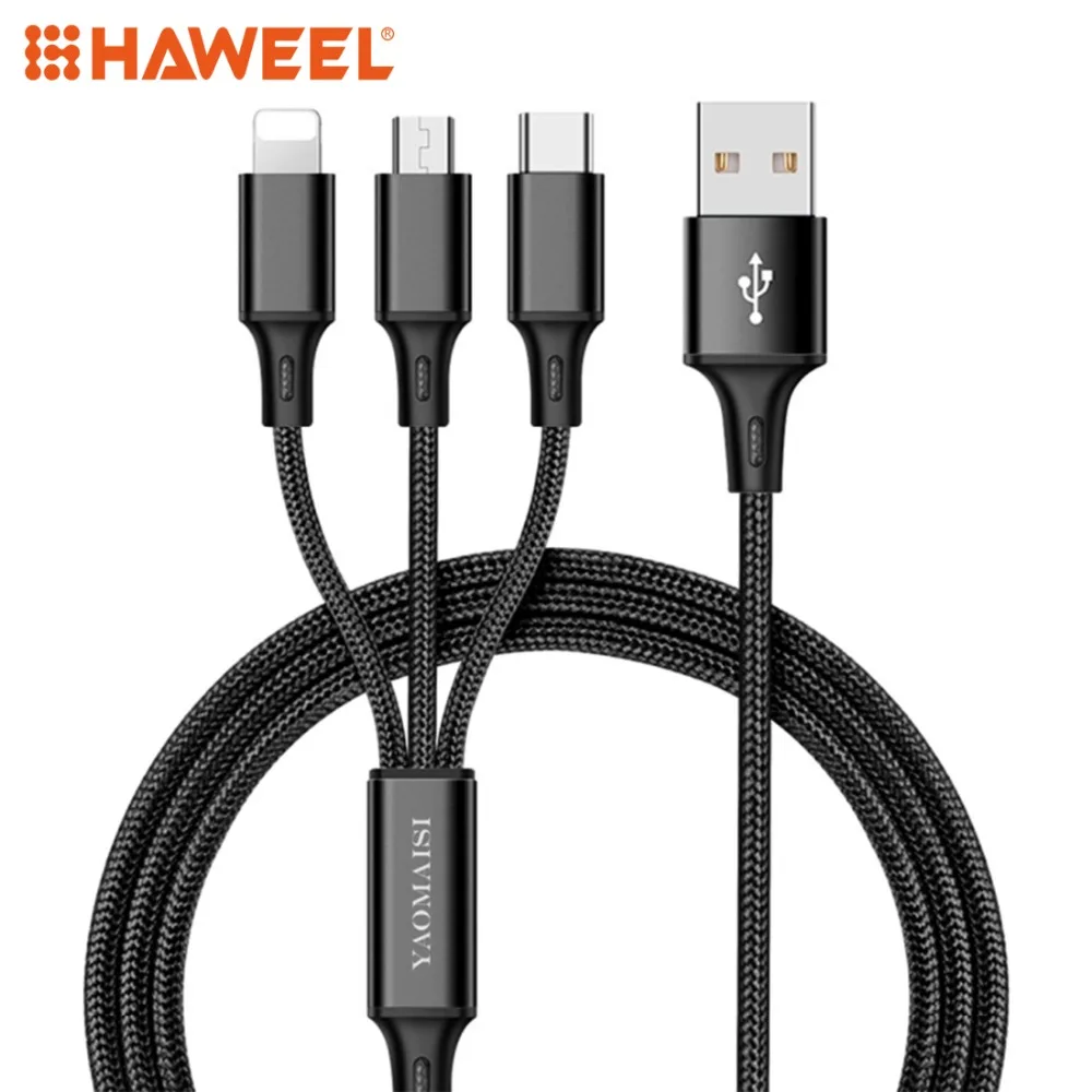

HAWEEL 1.2m Nylon Weave 3 in 1 Micro USB + 8 Pin + Type-C Charging Cable, For iPhone, Galaxy, Huawei and Other Smart Phones