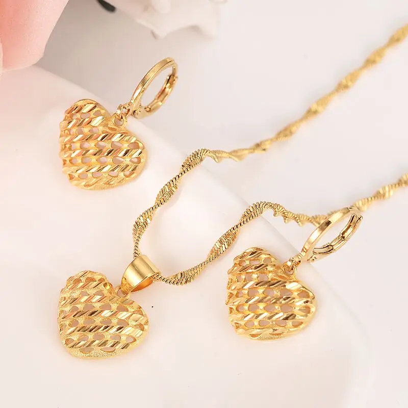 24 K Yellow Fine Gold GF Heart Pendant Lady's 500*2mm Necklace Earrings Reseau Jewelry Setin