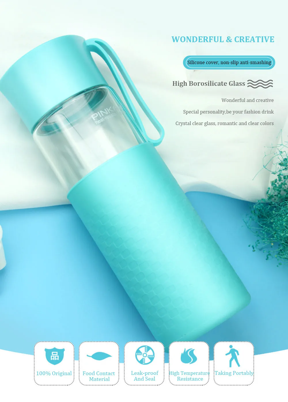 Pinkah Sport Glass Water Bottle With Protective Bag 400500ML Anti-Heat&Cold Protein Shaker High Borosilicate Glass Student Cup  (5)