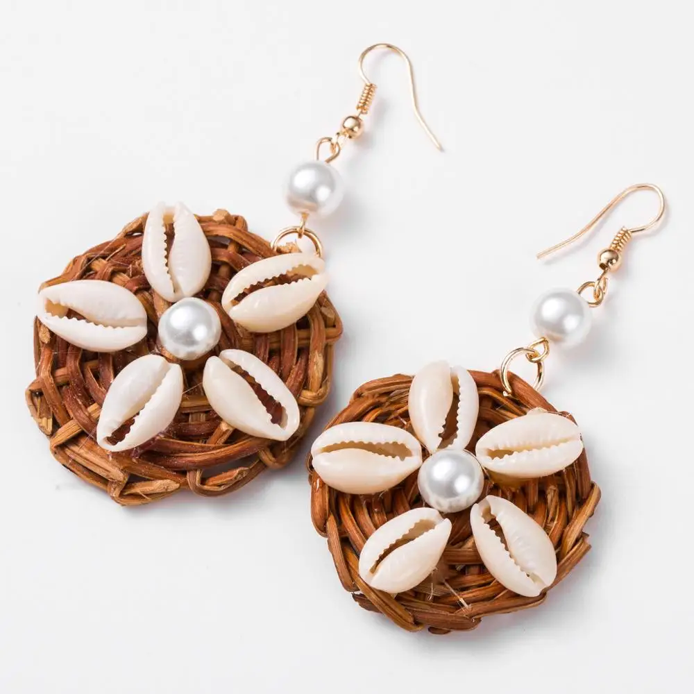 

2 Colors Sea Shell Pearl Wooden Rattan Statement Earrings For Women 2019 Handmade Geometric Drop Straw Weave Knit Vine Jewelry