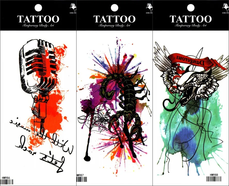 

New 3pcs Temporary Tattoo Painting Eagle Scorpion microphone Red Black Halloween Body Art Men Women Party Tatuagem Tatoo