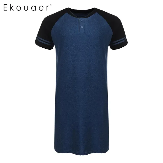 Ekouaer Men Sleepwear Raglan Sleeve Nightshirt Patchwork Long Lightweight Half Button Loose Pajama Casual Sleepshirt Homewear