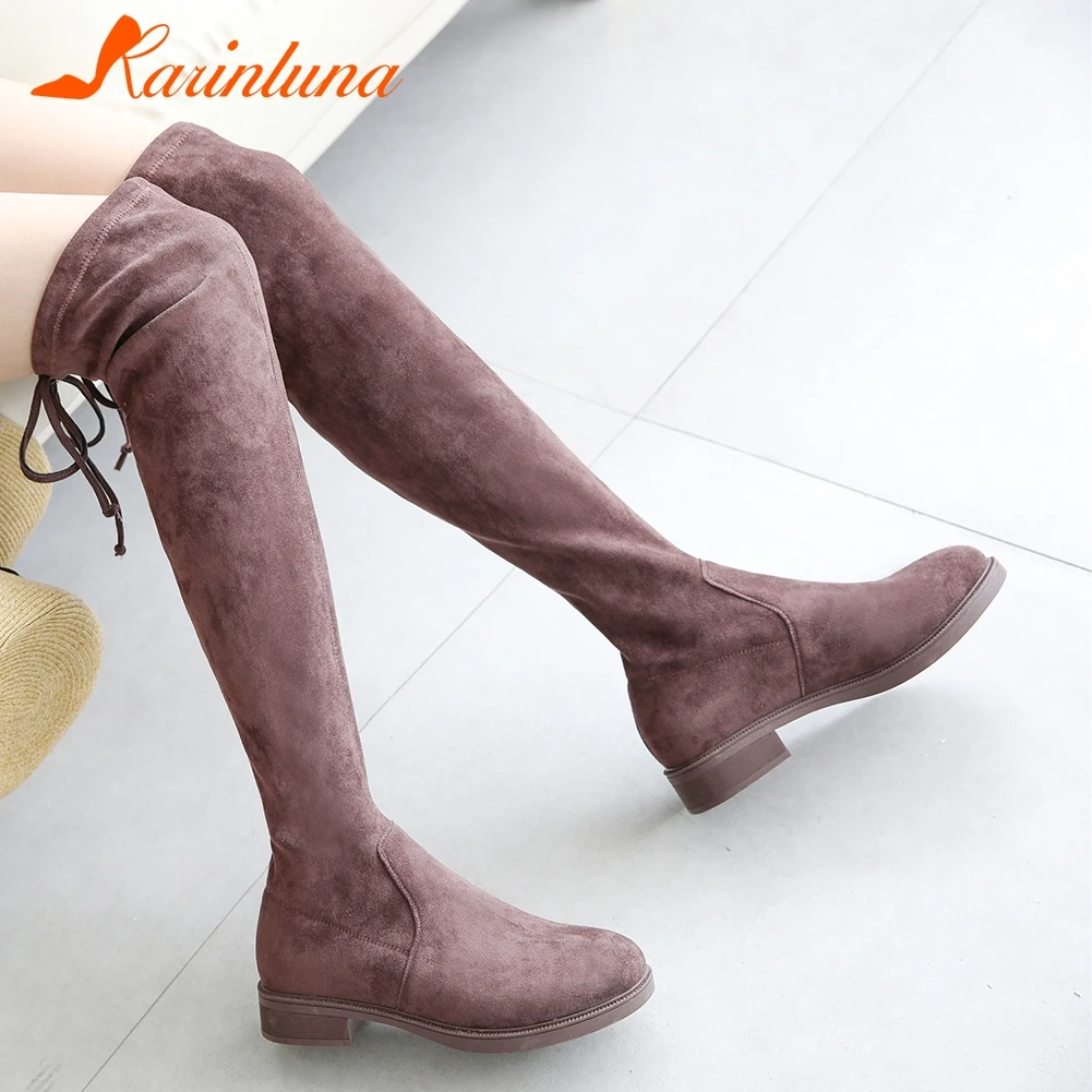 

KARINLUNA 2019 Fashion New Arrivals Stretch Boots Woman Shoes Chunky Heels Flock Lace Comfort Shoes Woman Knee High Boots Female