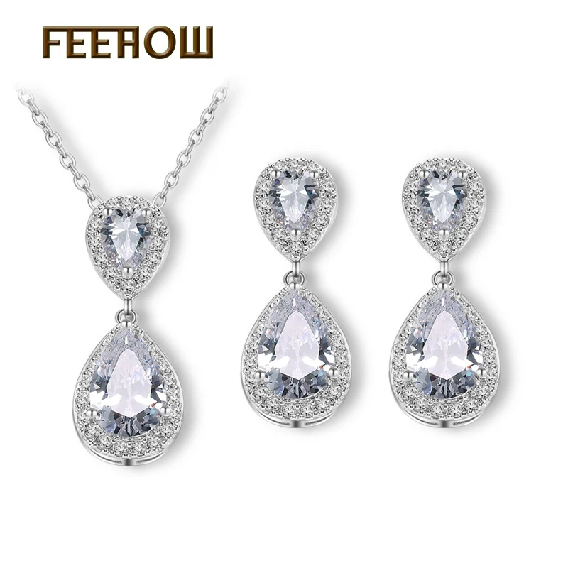 

FEEHOW Classic Cubic Zirconia Drops Simple Sweet Earrings Pendant Jewelry Set for Bride Bridesmaid Women Birthday Gift FWSP263