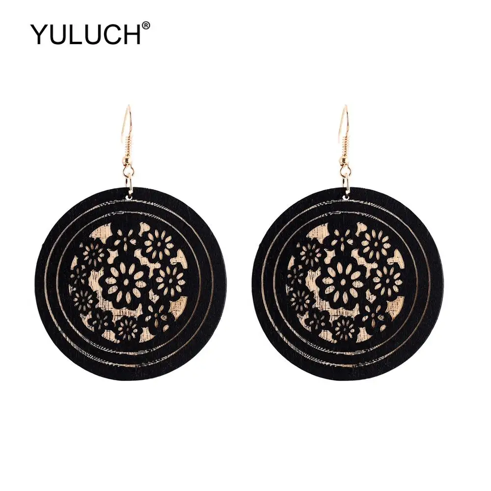 

YULUCH 2019 Round Statement Earrings For Women Ethnic African Purple Black Wooden Flowers Pendant Earrings Jewelry Accessories
