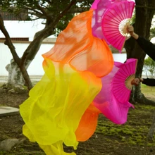 Высокая натуральный шелк вуаль 1 пара ручной работы для женщин качественный шелк танец живота веер танец роза оранжевый желтый 180*90 см