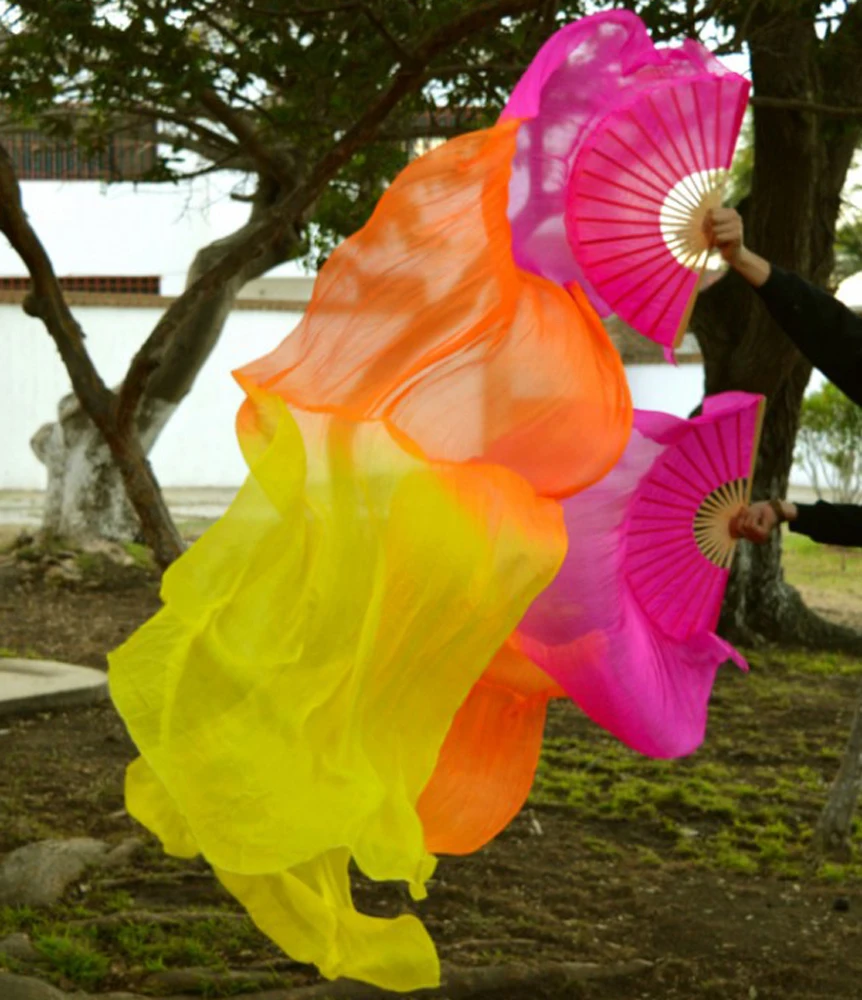 

2016 High selling 100% Real Silk Veils 1 Pair handmade women Quality Silk Belly Dance Fan Dance rose orange yellow 180*90 cm