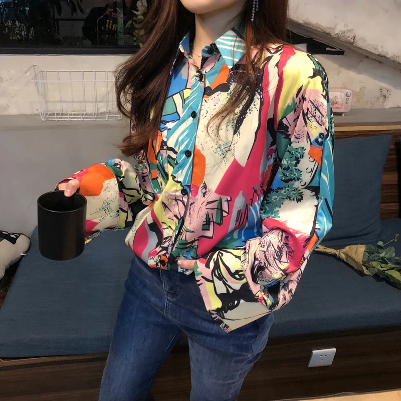  Cheerart Print Vintage Blouse Color Block Women Shirts Colorful Abstract Painting Print Long Sleeve