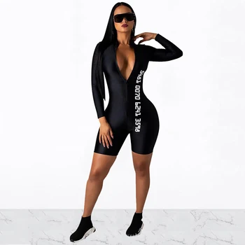 

Sexy Front Zipper Party Playsuit For Women Full Sleeve Letter Print Bodycon Jumpsuits Summer Streetwear Skinny Plus Size Rompers