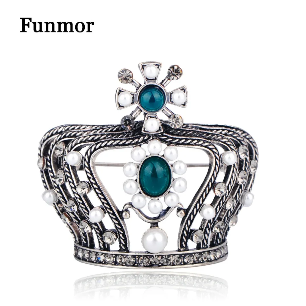 FUNMOR Luxurious Imitation Pearls Princess Crown Brooches Vintage