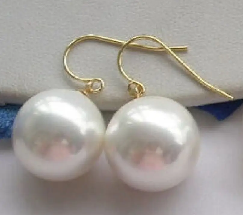 

REAL 15-16MM WHITE ROUND AAA++ SOUTH SEA SHELL PEARL DANGLE EARRING 925silver