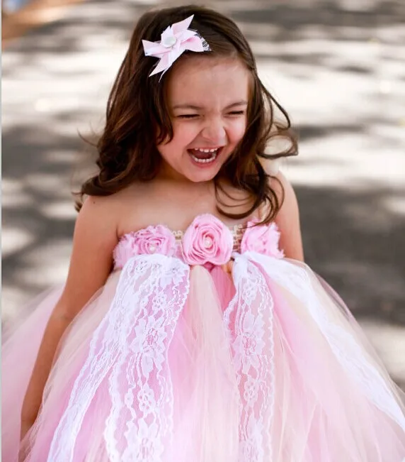 Girls dress pink dress in large flower child children dress gauze dress