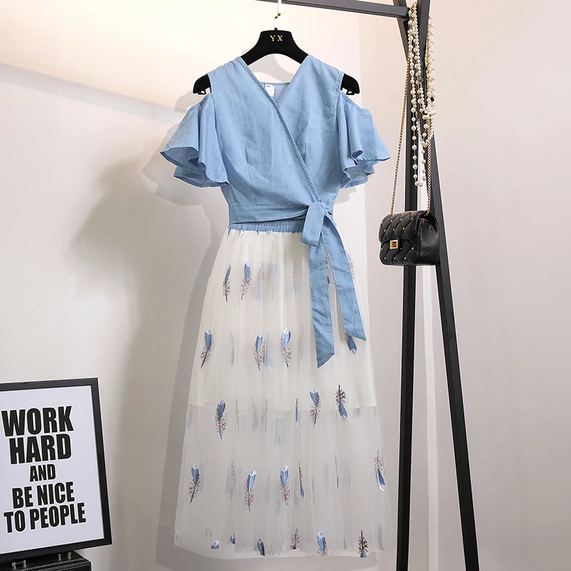 

HAMALIEL Korean Sweet Women's 2 Piece Set Summer Blue Off Shoulder Lace UP Shirts + White Feather Embroidery Mesh Long Skirt Set