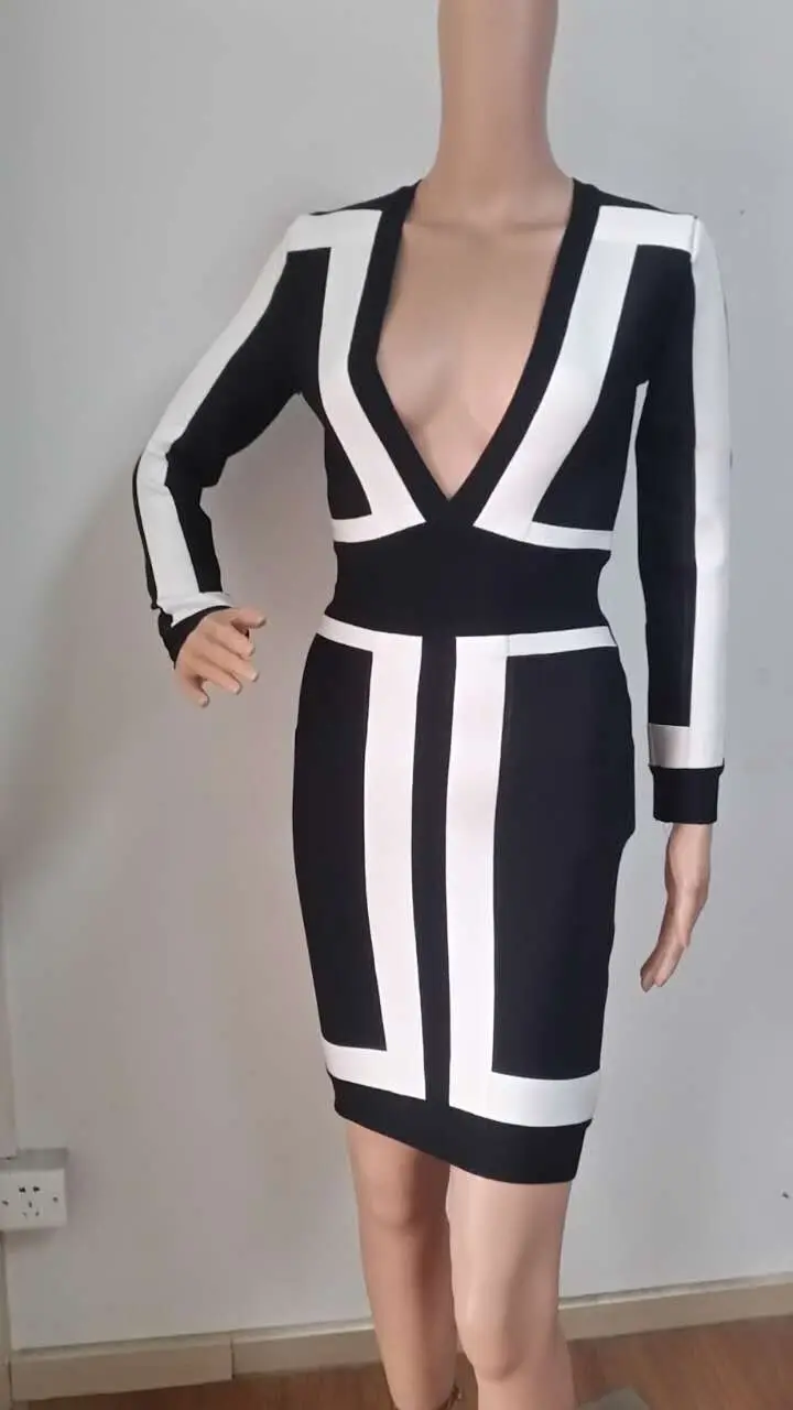 Высокое качество Новые сексуальные модные женские оптовые v образным вырезом с длинным рукавом белые и черные знаменитости Бандажное платье+ костюм