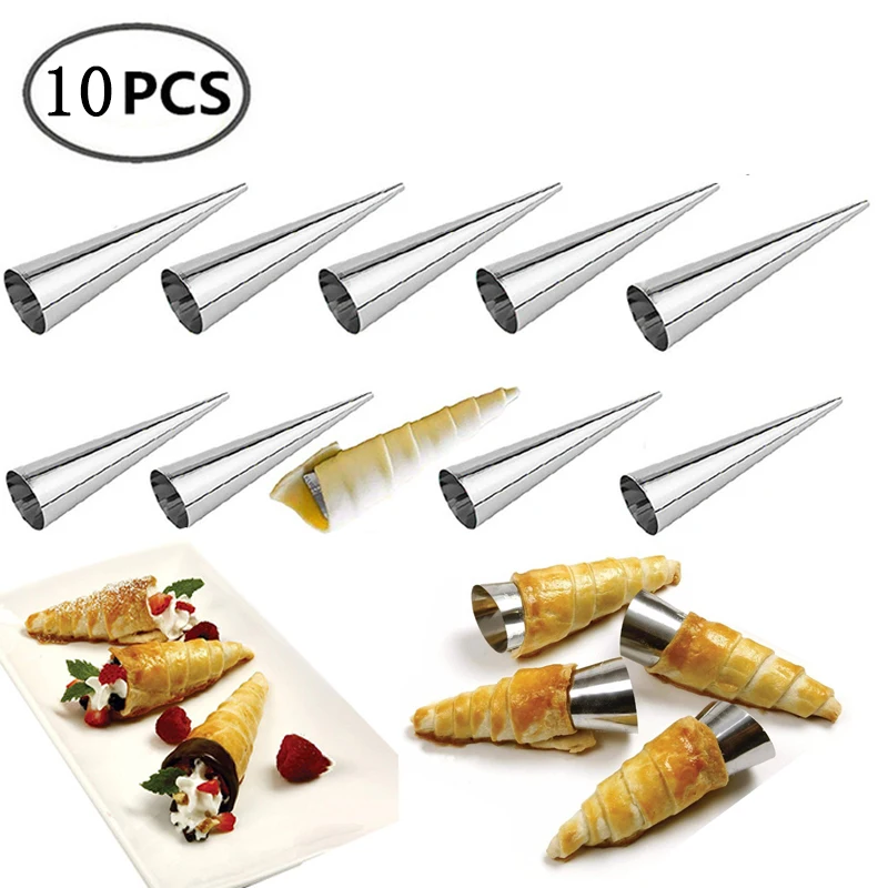 10Pcs Conical Tube Cone Roll Moulds Spiral Croissants Molds Cream Horn Mould Pastry Mold Cookie Dessert Home Kitchen Baking Tool