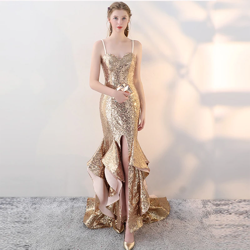 Sequins Golden Mermaid Evening Dress Long Prom Party Dresses Evening Gown Formal Dress Women Elegant Robe De Soiree