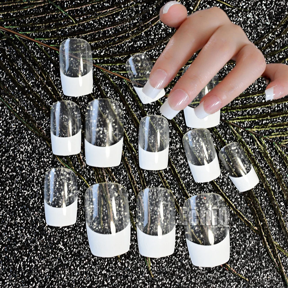 

24pcs/set Clear Color White French Tansparent Square False Nails Lady Full Artificial Nails for Home Office faux ongles