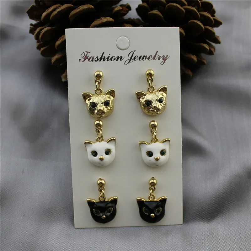 

New European American style inlaid semi-precious stones Enamel cat head fashion cute 3 pieces set of small stud earrings-12