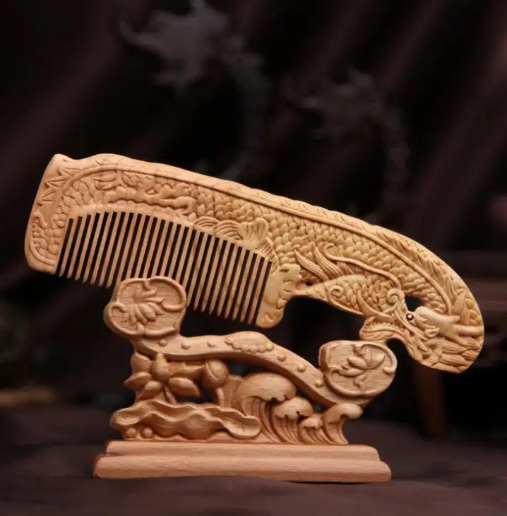 

Chinese Peach Wood Carved Flower Animal Dragon Safe And Good Luck Comb Exquisite Wooden Comb no base